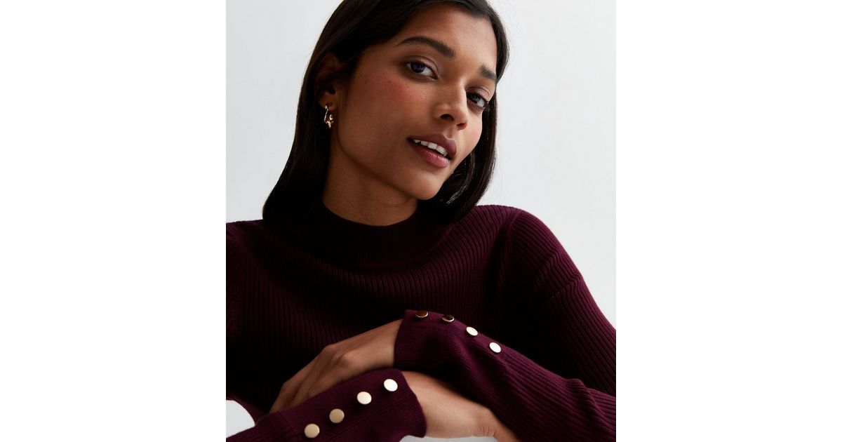 Burgundy Ribbed Knit Button Cuff Jumper | New Look