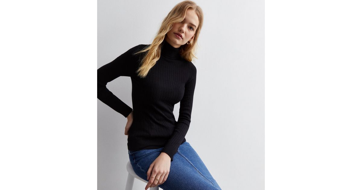 Black Ribbed Knit Roll Neck Jumper | New Look