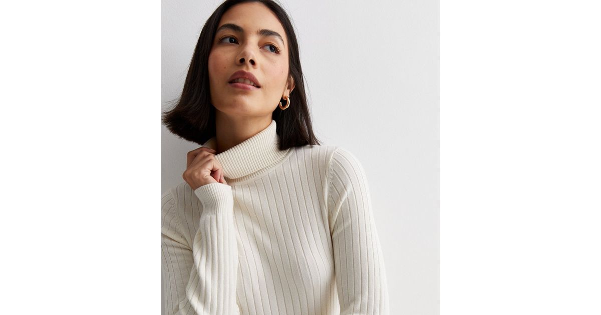 Off White Ribbed Knit Roll Neck Jumper | New Look