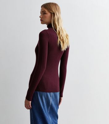 Burgundy Ribbed Knit Roll Neck Jumper New Look