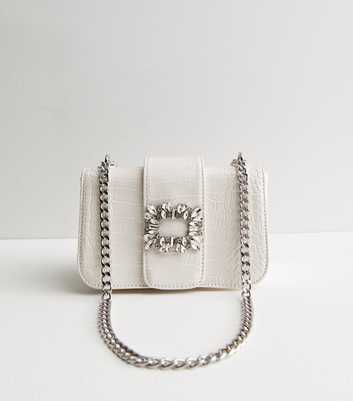 Public Desire White Faux Croc Gem Chain Shoulder Bag