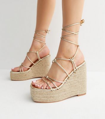 Public Desire Gold Strappy Espadrille Wedge Sandals New Look