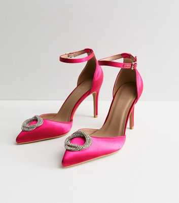 Bright Pink Satin Embellished Stiletto Heel Court Shoes