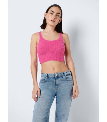 Noisy May Mid Pink Fluffy Knit Crop Top New Look