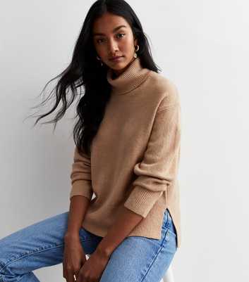 Camel Knit Roll Neck Split Hem Jumper