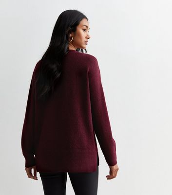 Burgundy Knit V Neck Jumper New Look