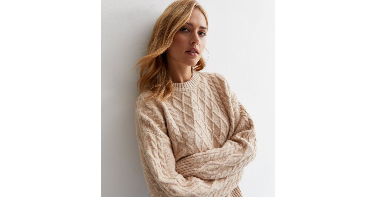 Camel Cable Knit Crew Neck Jumper