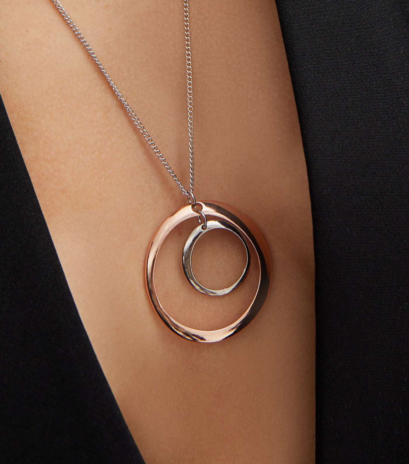 Silver and Gold Circle Long Pendant Necklace Image 2