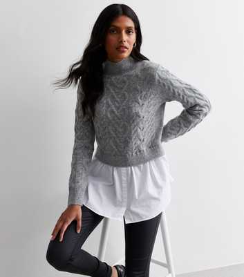 Grey Cable Knit 2-in-1 Shirt Jumper