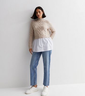 Cream Cable Knit 2-in-1 Shirt Jumper New Look
