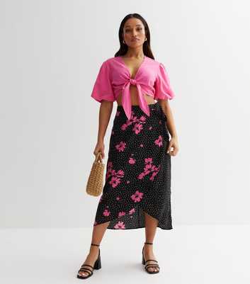 Petite Black Floral Spot Midi Wrap Skirt