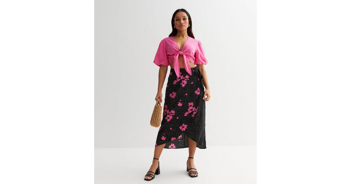 Petite Black Floral Spot Midi Wrap Skirt New Look