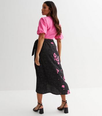 Petite Black Floral Spot Midi Wrap Skirt New Look