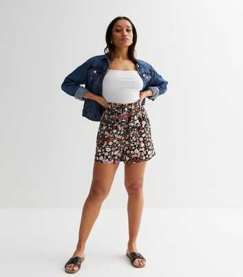 Petite Pink Floral Tie High Waist Paperbag Shorts