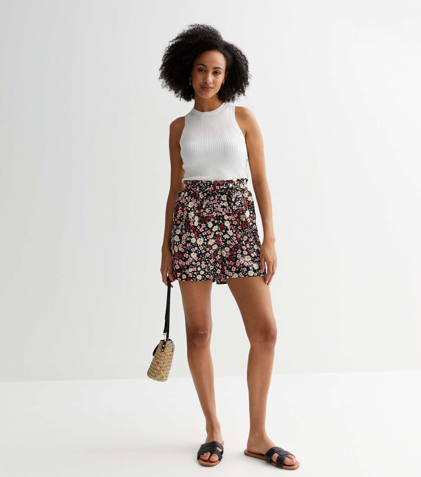 Tall Black Floral High Waist Paperbag Shorts Image 2
