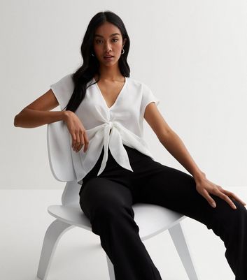 White V Neck Short Sleeve Tie Front Top