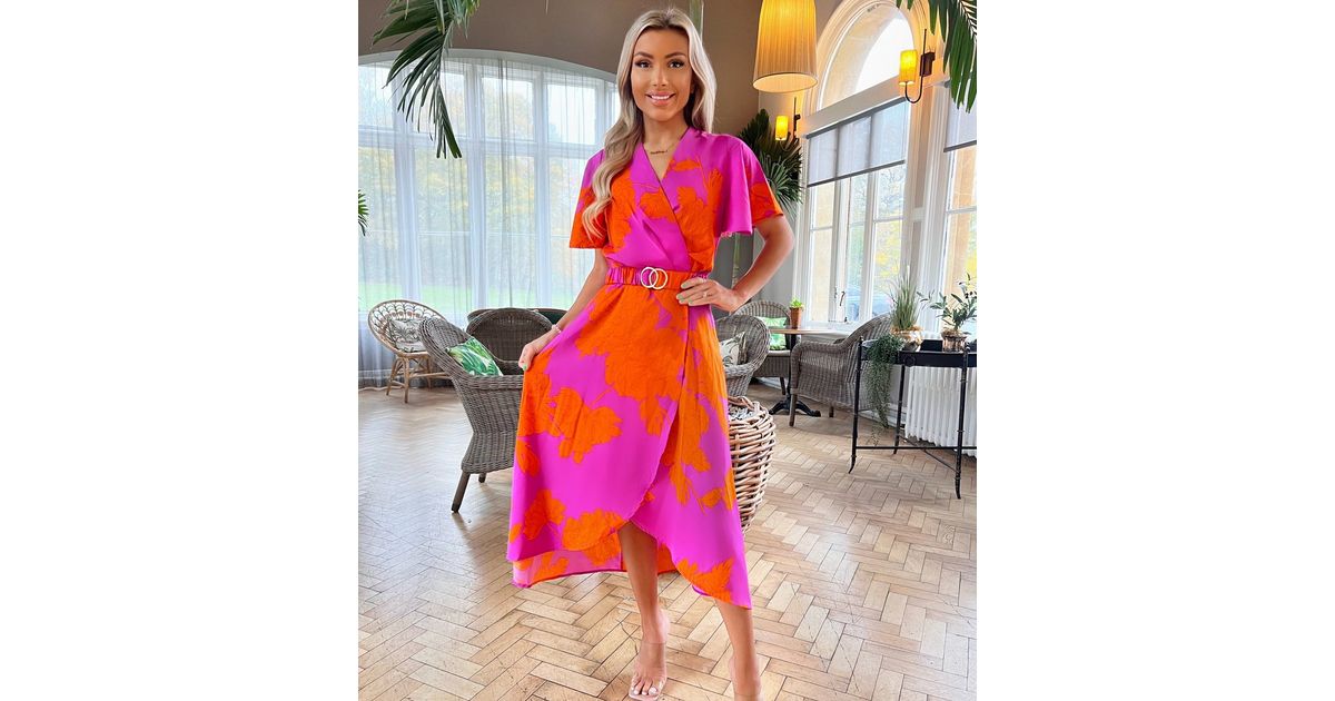 AX Paris Pink Floral Buckle Belted Midi Wrap Dress New Look