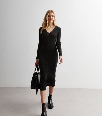 Black Ribbed Knit Button Front Midi Dress New Look