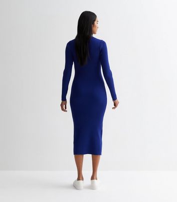 Blue Ribbed Knit Button Front Midi Dress New Look