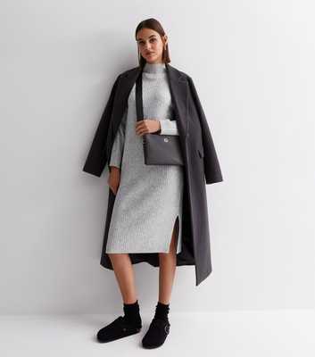 Pale Grey Ribbed Knit High Neck Midi Dress