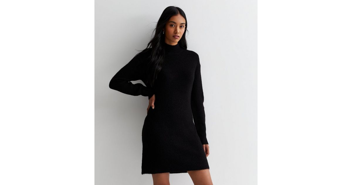 Black Ribbed Knit High Neck Mini Dress | New Look