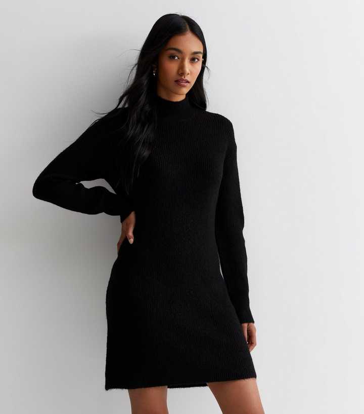 Black Ribbed Knit High Neck Mini Dress