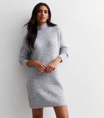Pale Grey Ribbed Knit High Neck Mini Dress