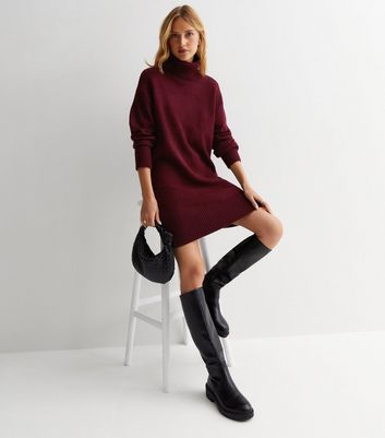 Burgundy Knit Roll Neck Long Sleeve Mini Dress New Look
