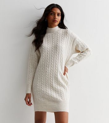 Off White Cable Knit Long Sleeve Mini Dress New Look