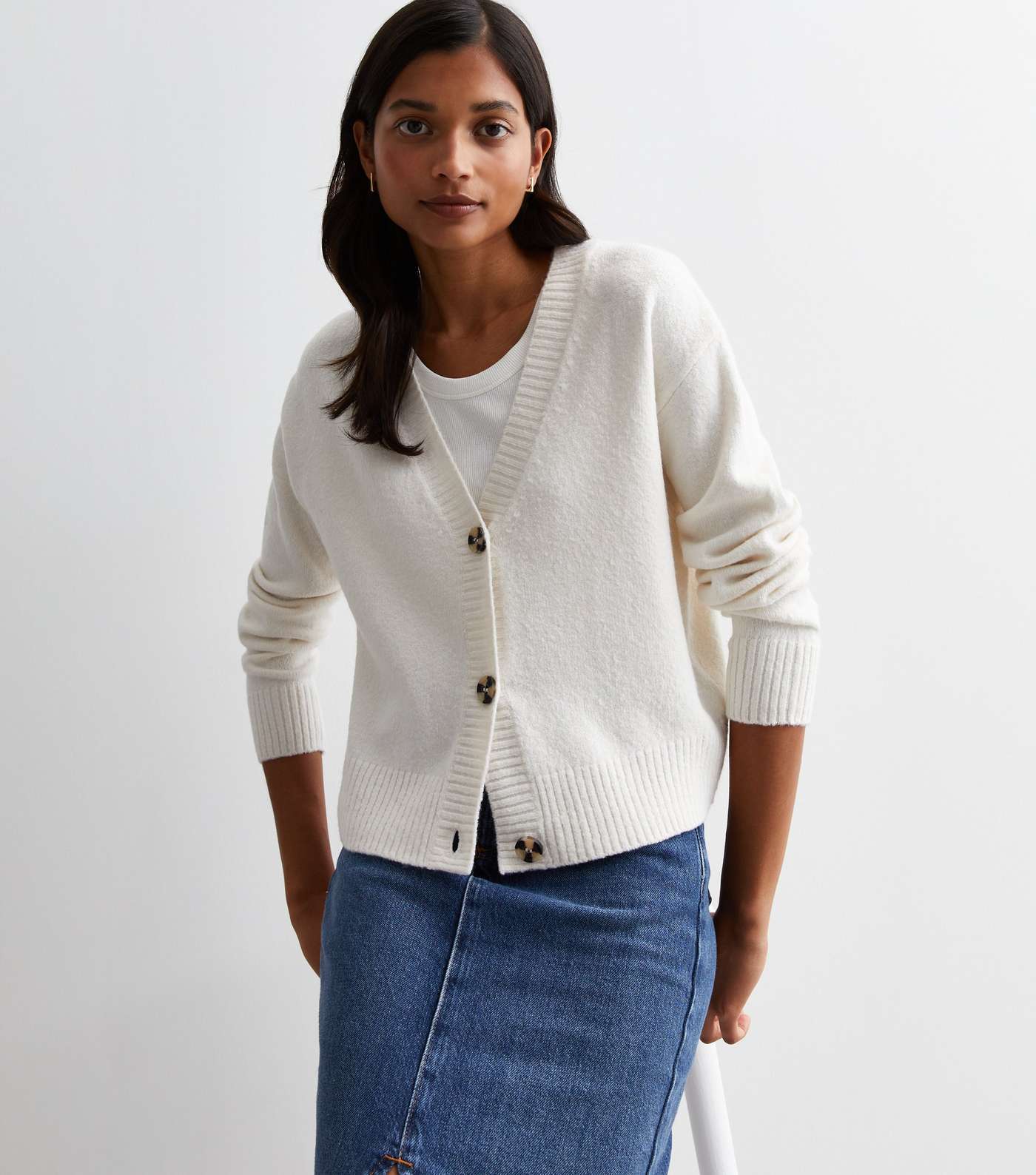 Off White Knit Button Front Cardigan Image 2