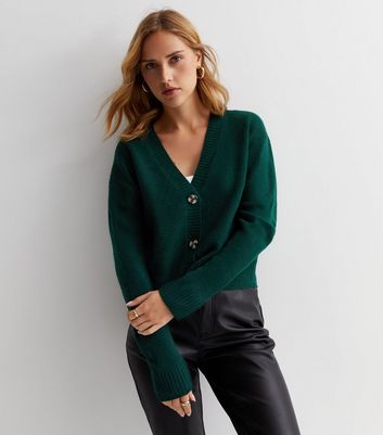 Dark Green Knit Button Front Cardigan New Look