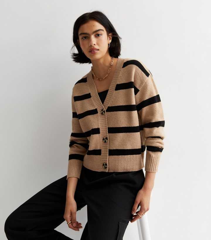 Brown Stripe Knit Button Front Cardigan