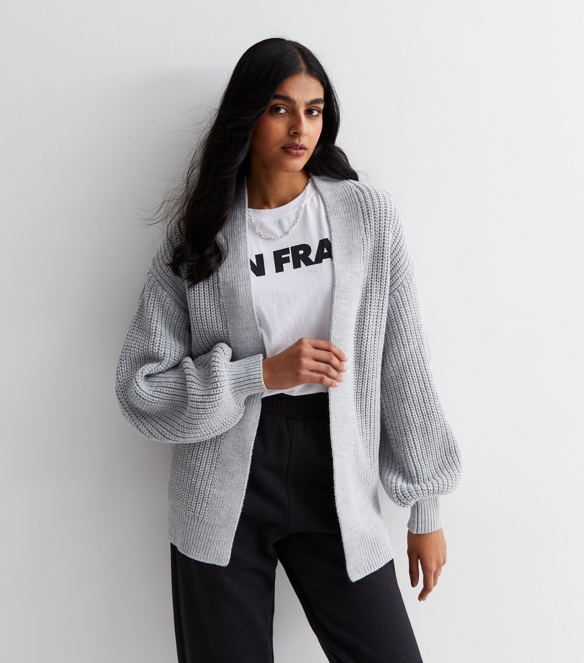 Women's Pale Grey Stitch Knit Balloon Sleeve Cardigan New Look