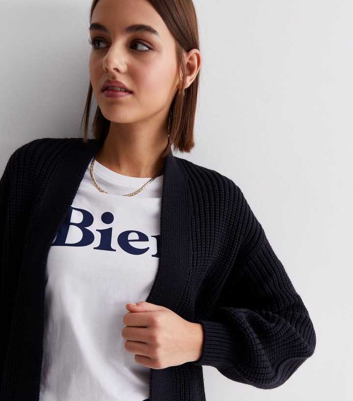 Navy Stitch Knit Balloon Sleeve Cardigan