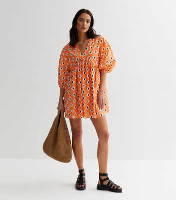 Orange Ikat Puff Sleeve Mini Smock Dress