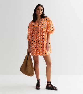 Orange Abstract Puff Sleeve Mini Smock Dress New Look