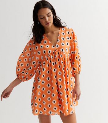 Orange Abstract Puff Sleeve Mini Smock Dress New Look