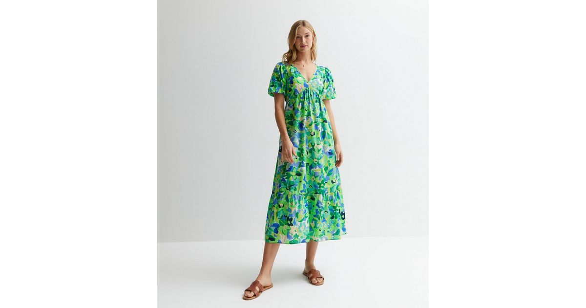 Indah Vibrant Floral Puff-Sleeve Midi Dress – Green & Black Print main image 1