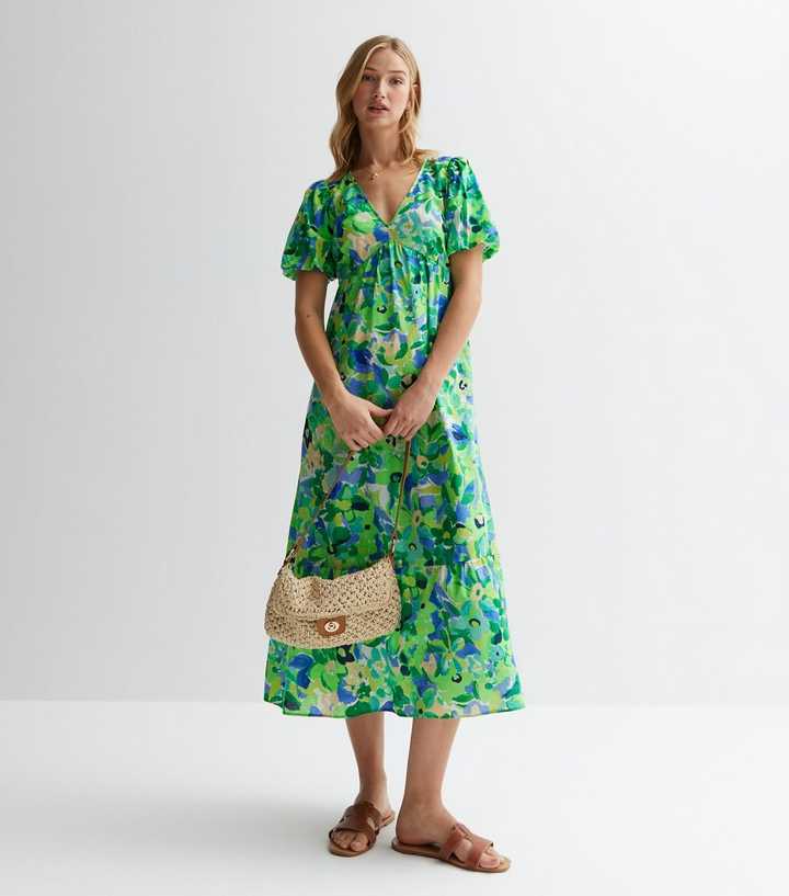 Green Floral Puff Sleeve Midi Dress