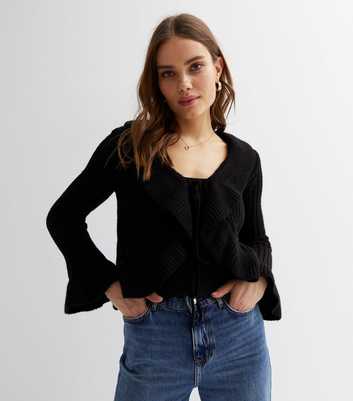 Black Brushed Ribbed Knit Long Frill Sleeve Tie Front Cardigan