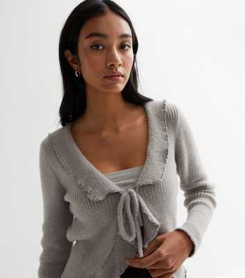 Pale Grey Eyelash Knit Frill Tie Front Cardigan