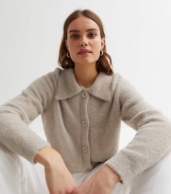 Camel Eyelash Knit Collared Cardigan
