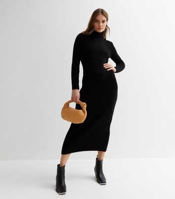 Black Ribbed Knit Roll Neck Long Sleeve Midi Bodycon Dress