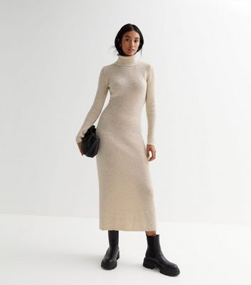 Chic High Neck Long Sleeve Bodycon Rib Knit Sweater Mini Dress - White –  Rosedress
