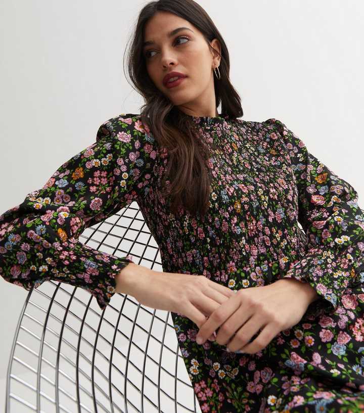 high neck black floral mini dress Black Floral High-Neck Mini Dress main image 0