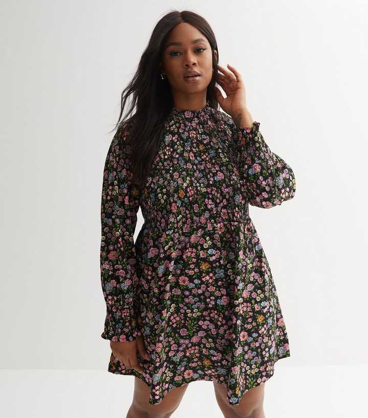 Black Floral Shirred Frill High Neck Mini Dress | New Look