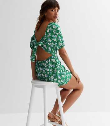 Green Floral Puff Sleeve Playsuit