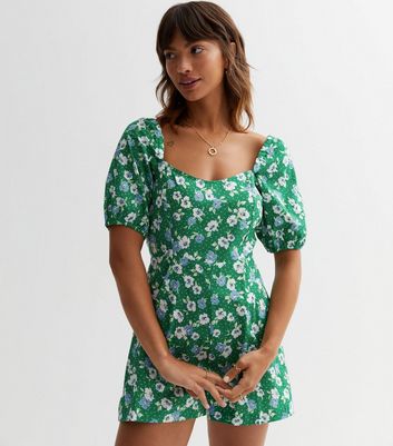 Green Floral Puff Sleeve Playsuit New Look