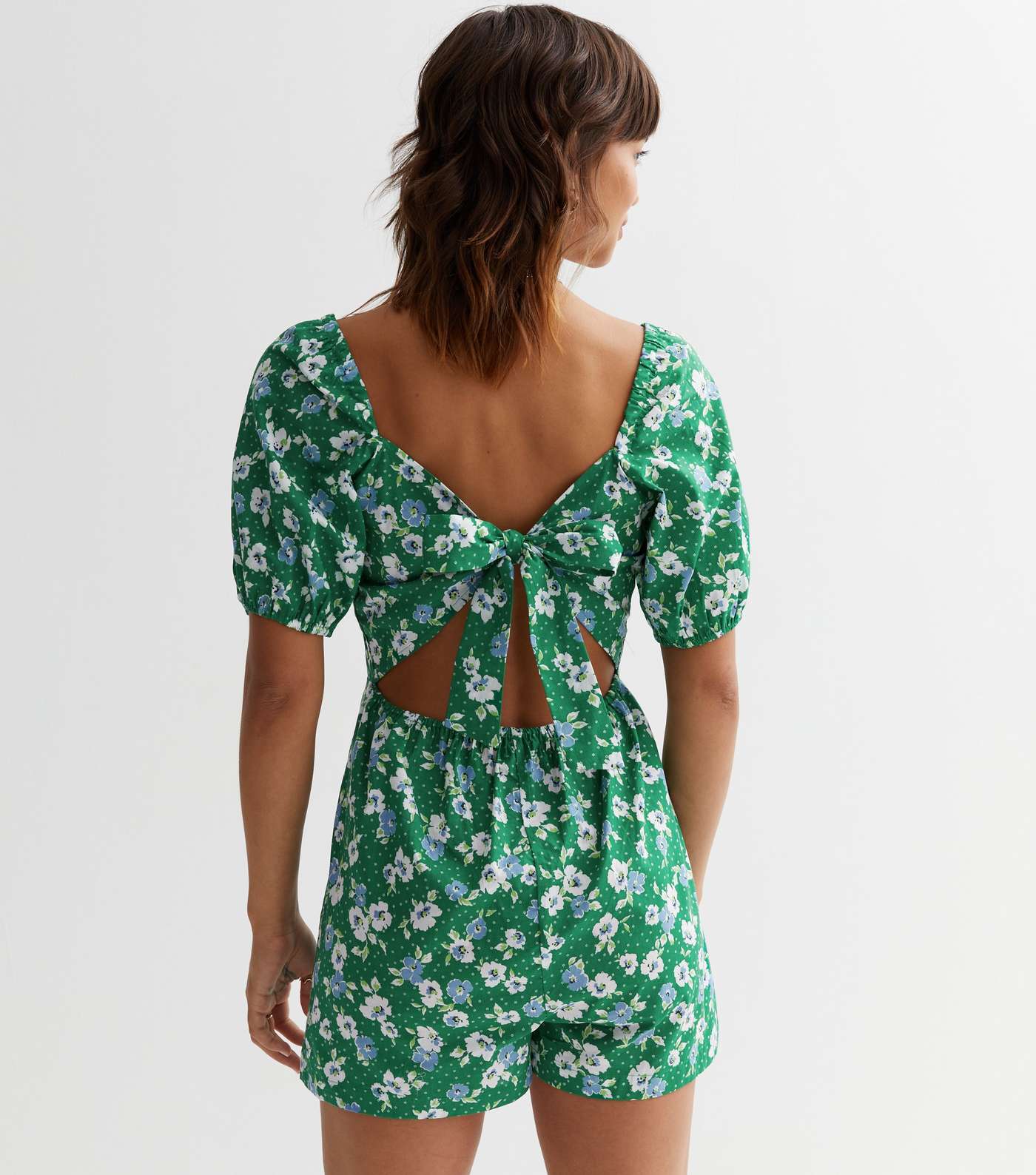Green Floral Puff Sleeve Playsuit Image 4