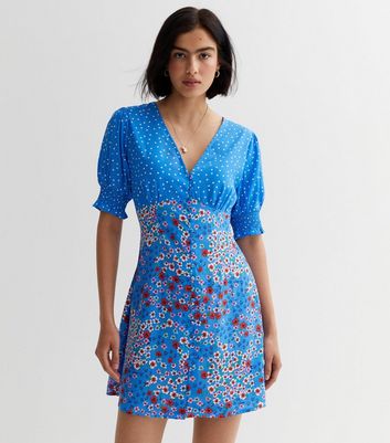 Blue floral puff outlet sleeve dress